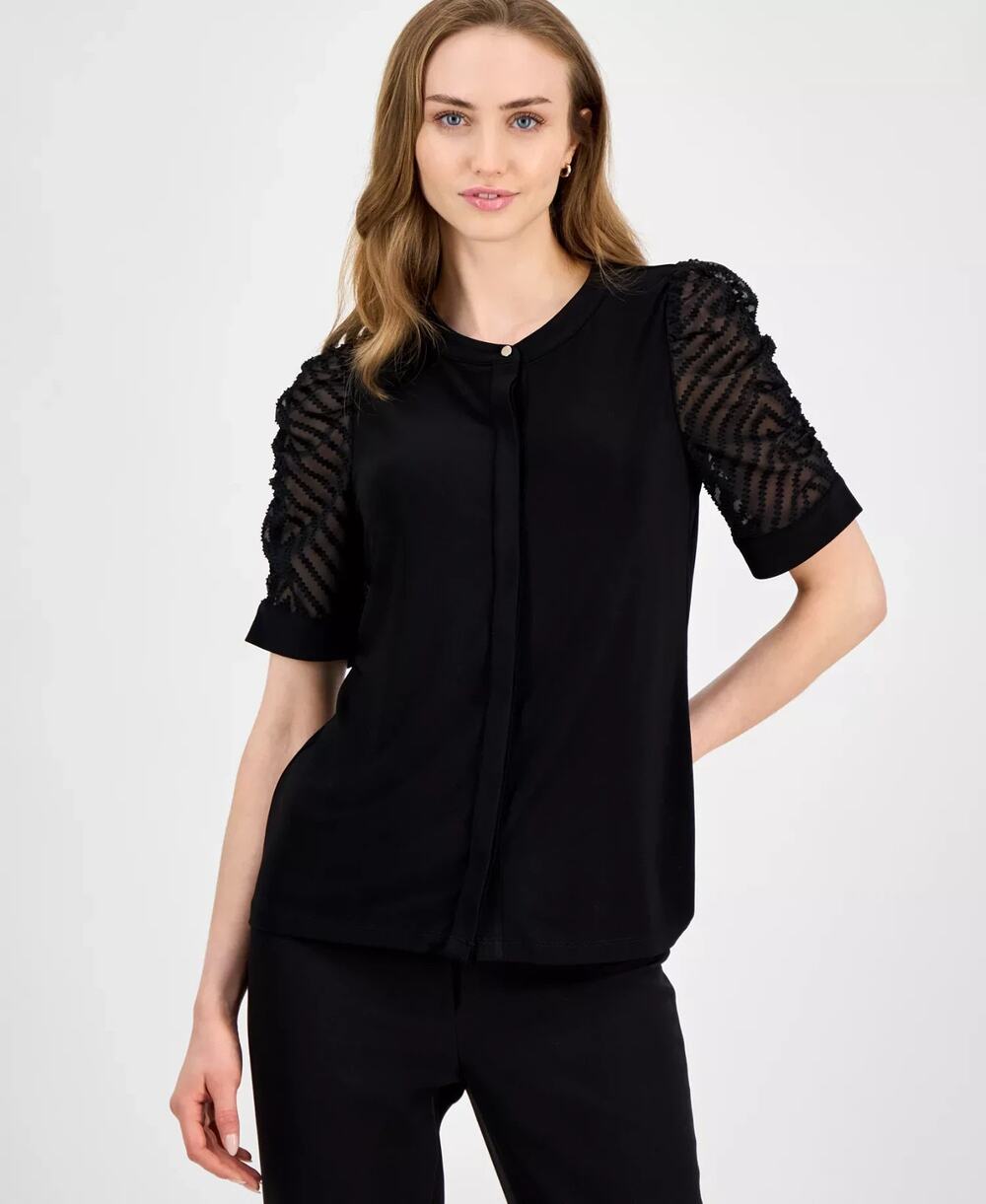 Anne Klein Mixed-Media Elbow-Sleeve Hidden-Placket Top Black Size S 0332